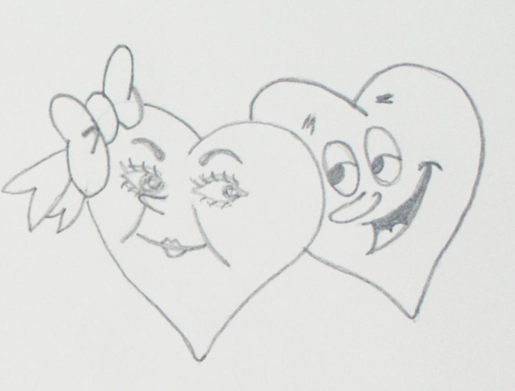 Boceto a lápiz de dos corazones entrelazados con rostros de caricatura, uno con un lazo, en blanco y negro, ambiente juguetón y romántico